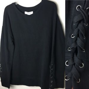 NWT Workshop lace up sleeves distressed sweater